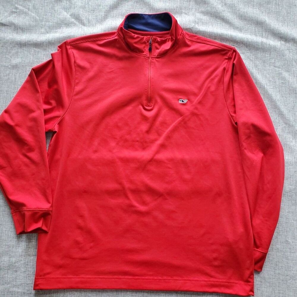 Vineyard Vines Red Long-Sleeve Quarter-Zip Pullover with Navy Trim